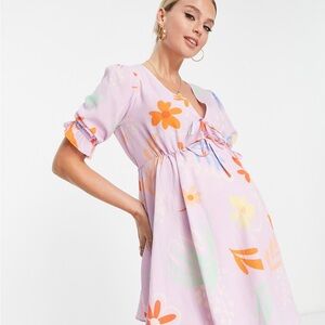 ASOS Maternity tie front mini teas dress with flare in lilac floral